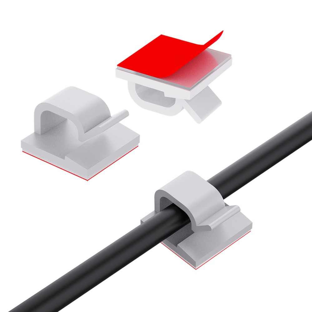 Desk Cable Clip - คลิปหนีบสายไฟพลาสติกใสรูปตัว R ที่ยึดสายไฟ จัดระเบียบสายเคเบิล แบบติดด้วยกาวในตัว สำหรับจัดการสายไฟบนโต๊ะ