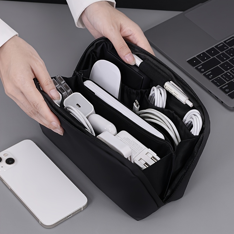 Tech Accessories Travel - กระเป๋าจัดระเบียบอุปกรณ์อิเล็กทรอนิกส์แบบพกพา-สำหรับเก็บสายเคเบิล/ที่ชาร์จ/โทรศัพท์, ทำจากหนัง PU ทนทาน เหมาะสำหรับการเดินทาง