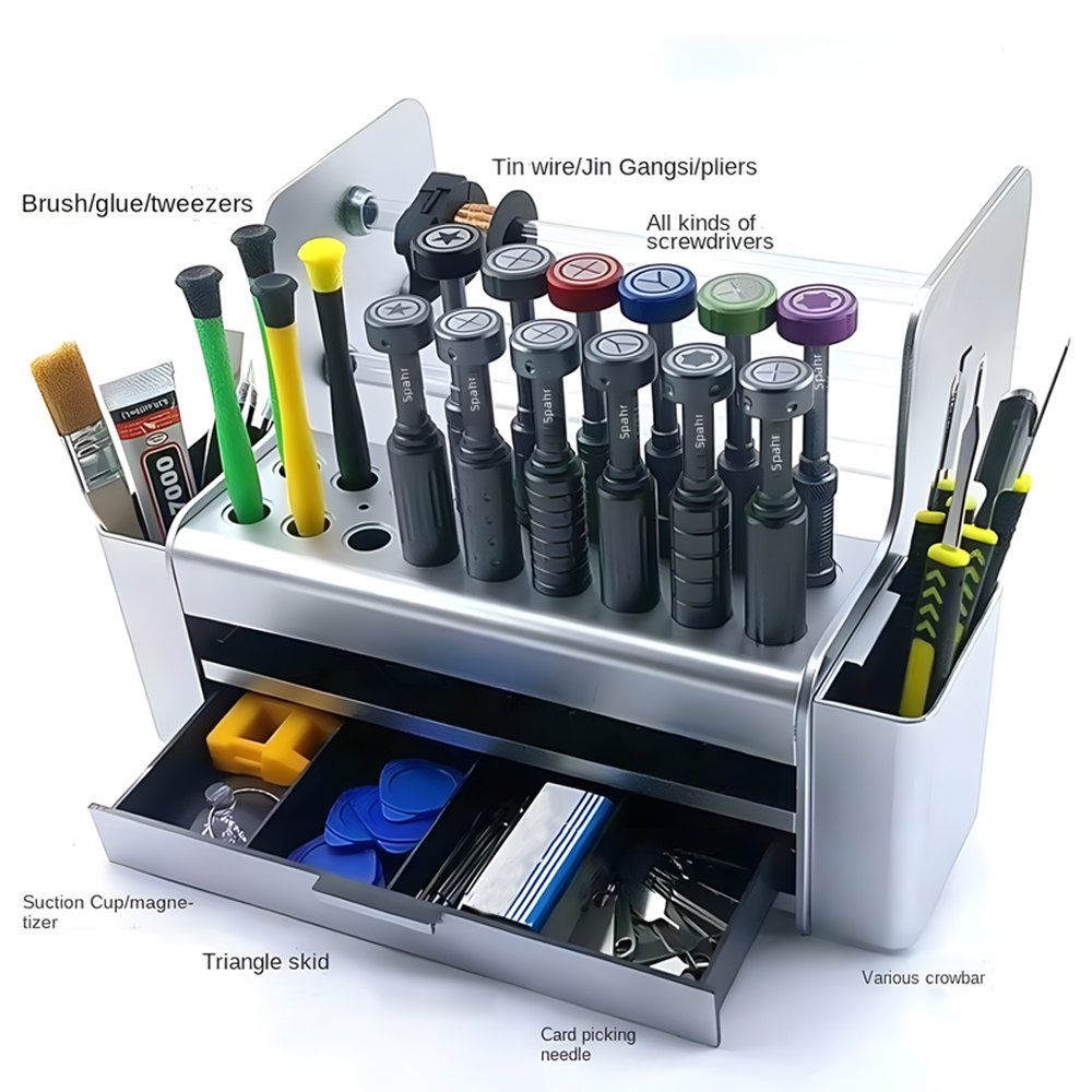 Tech Accessories Desk - ตู้เก็บเครื่องมือซ่อมอิเล็กทรอนิกส์แบบตั้งโต๊ะ กล่องเก็บไขควงโทรศัพท์มือถือ กล่องจัดระเบียบอุปกรณ์เสริมและชิ้นส่วน