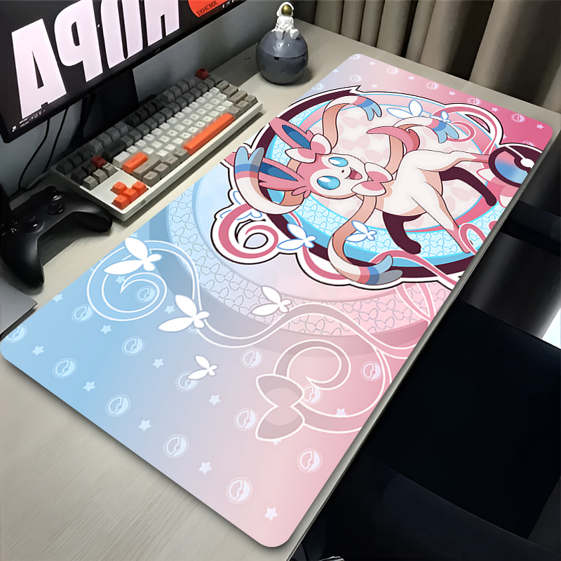 Tech Accessories Desk - แผ่นรองเมาส์สีชมพูขนาดใหญ่ XXL อุปกรณ์เสริมคอมพิวเตอร์สำหรับเล่นเกม P-pokemon Sylveon แผ่นรองคีย์บอร์ดสำหรับวางโต๊ะ