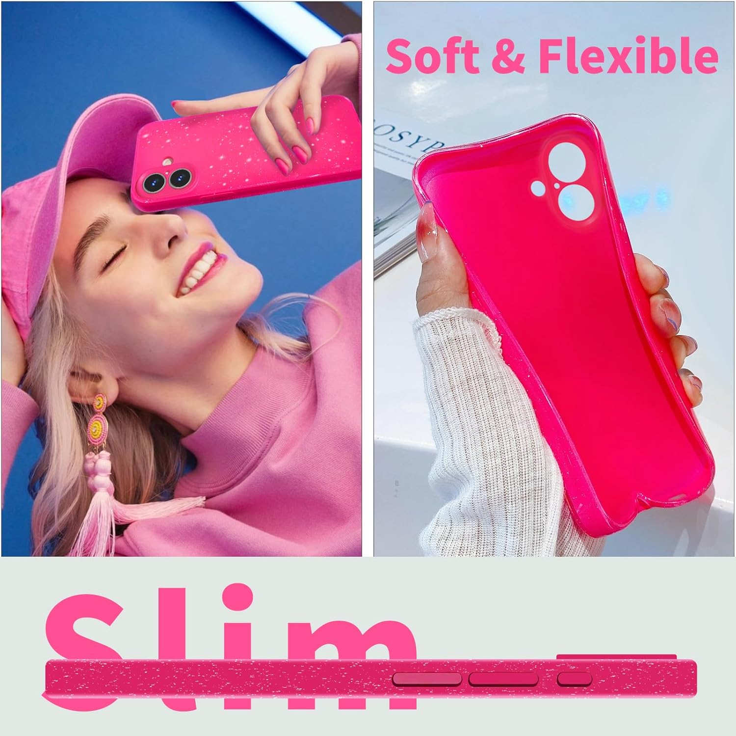 เคสกลิตเตอร์สีชมพูสดใสสำหรับ i - Tech Accessories Iphone บทวิจารณ์และราคา